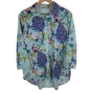 Milan Kiss Womens Floral Peacock Button-Up Blouse Size‎ M Made in Turkey